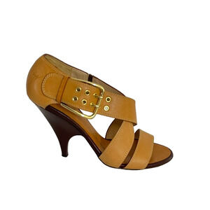 Giuseppe Zanotti 37 7 Heels Camel Tan Leather Sandals Open Toe Ankle Strap Pump